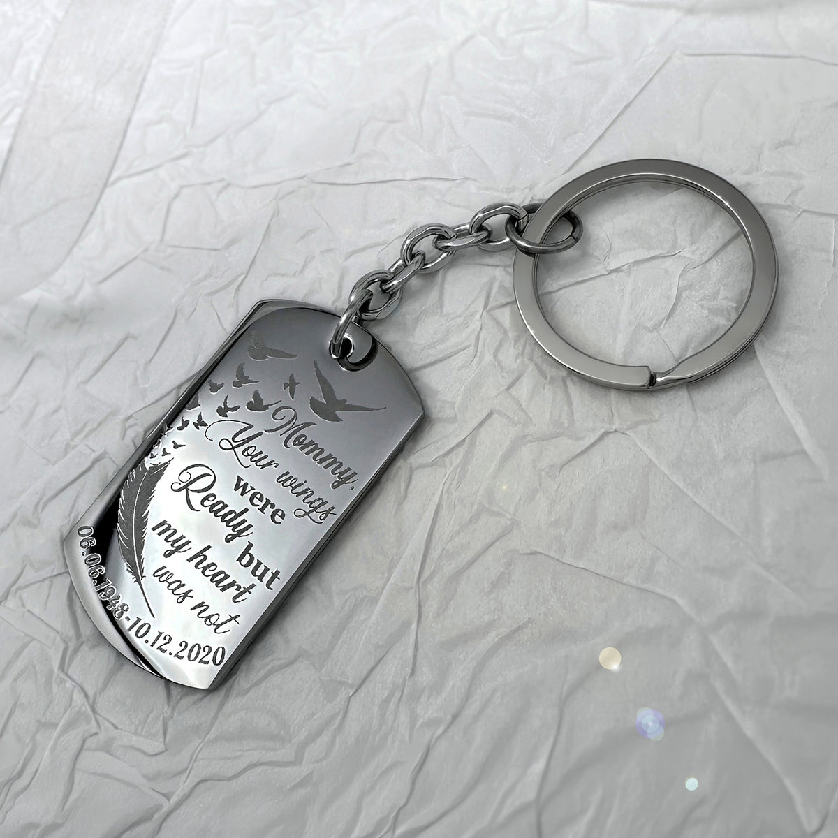 Heart fingerprint memorial dog tag keychain close-up engraved with “Your wings were ready but my heart was not” remembrance message