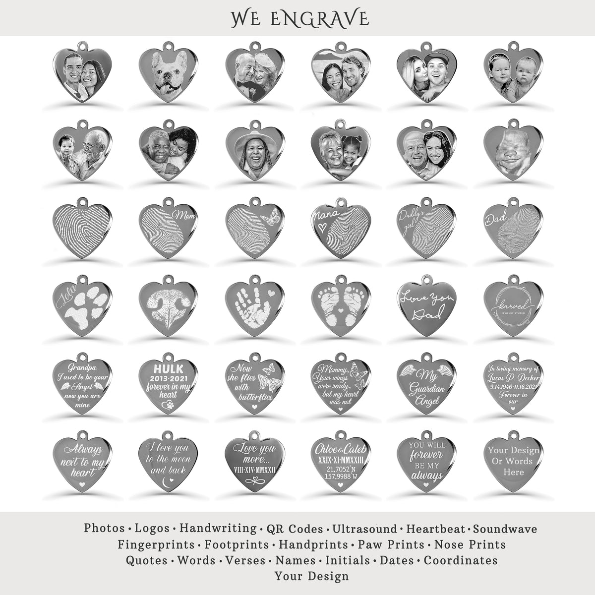 Heart necklace engraving design options showing custom photos, fingerprints, handwriting, paw prints, footprints, names, dates, and personalized messages