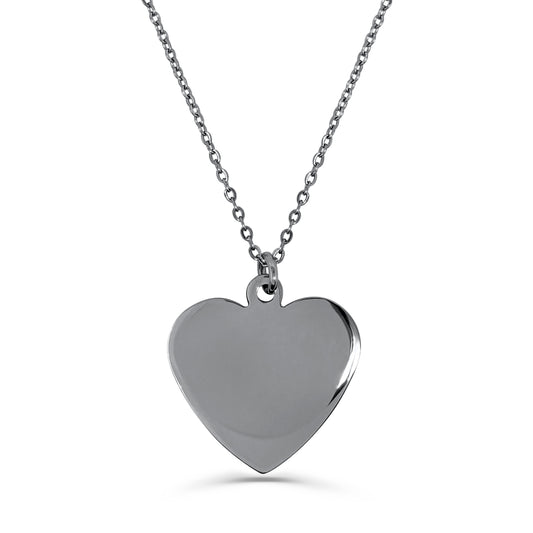 A stainless-steel heart-shaped pendant necklace ready for engraving