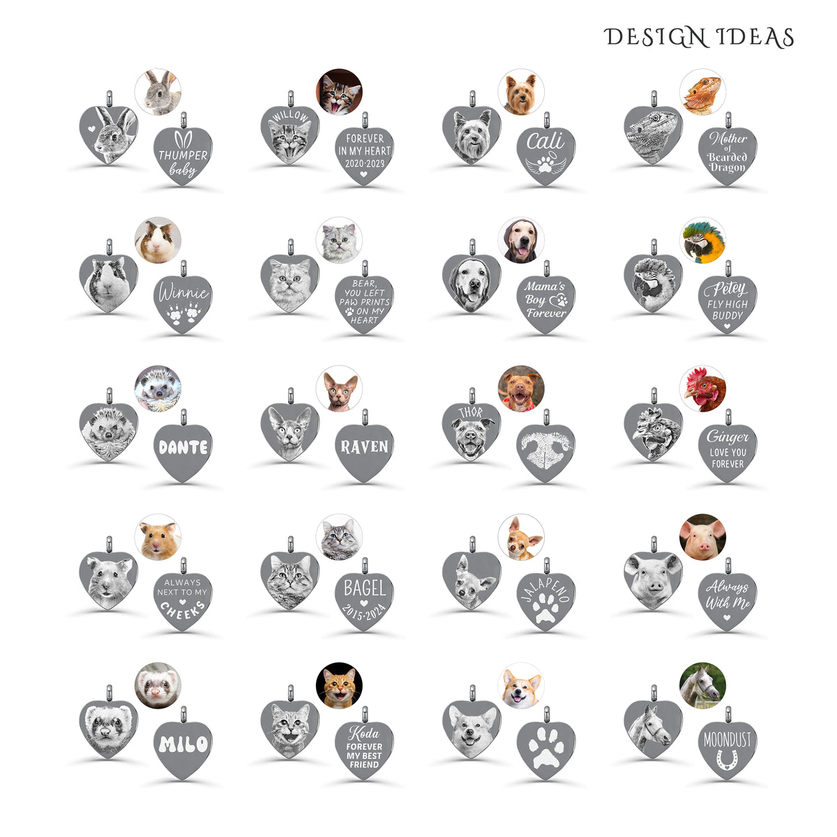 Memorial urn necklace design ideas collage image showing custom photos, names, symbols and engraving layouts