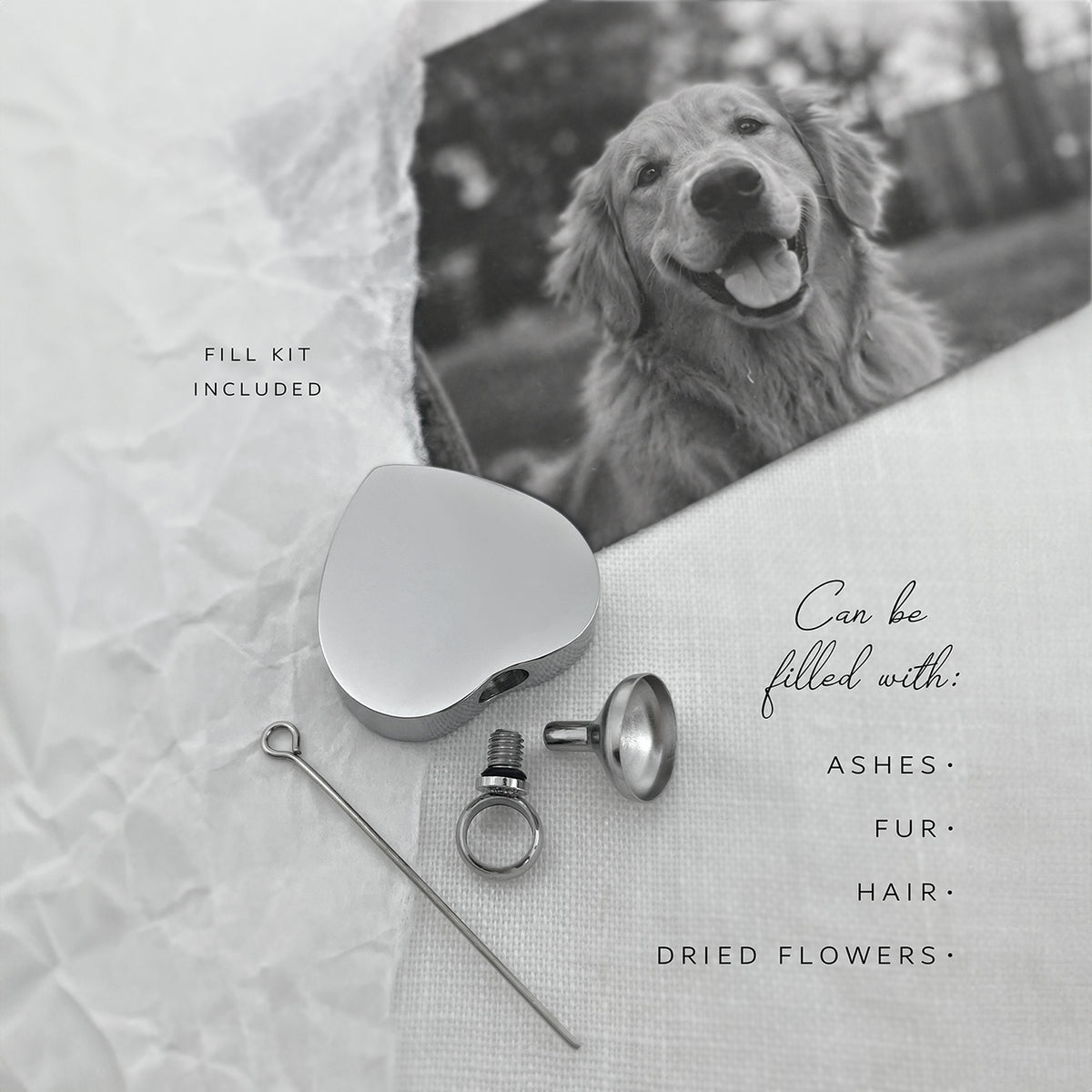 Golden retriever memorial photo beside heart urn pendant fill kit and pendant for holding pet ashes
