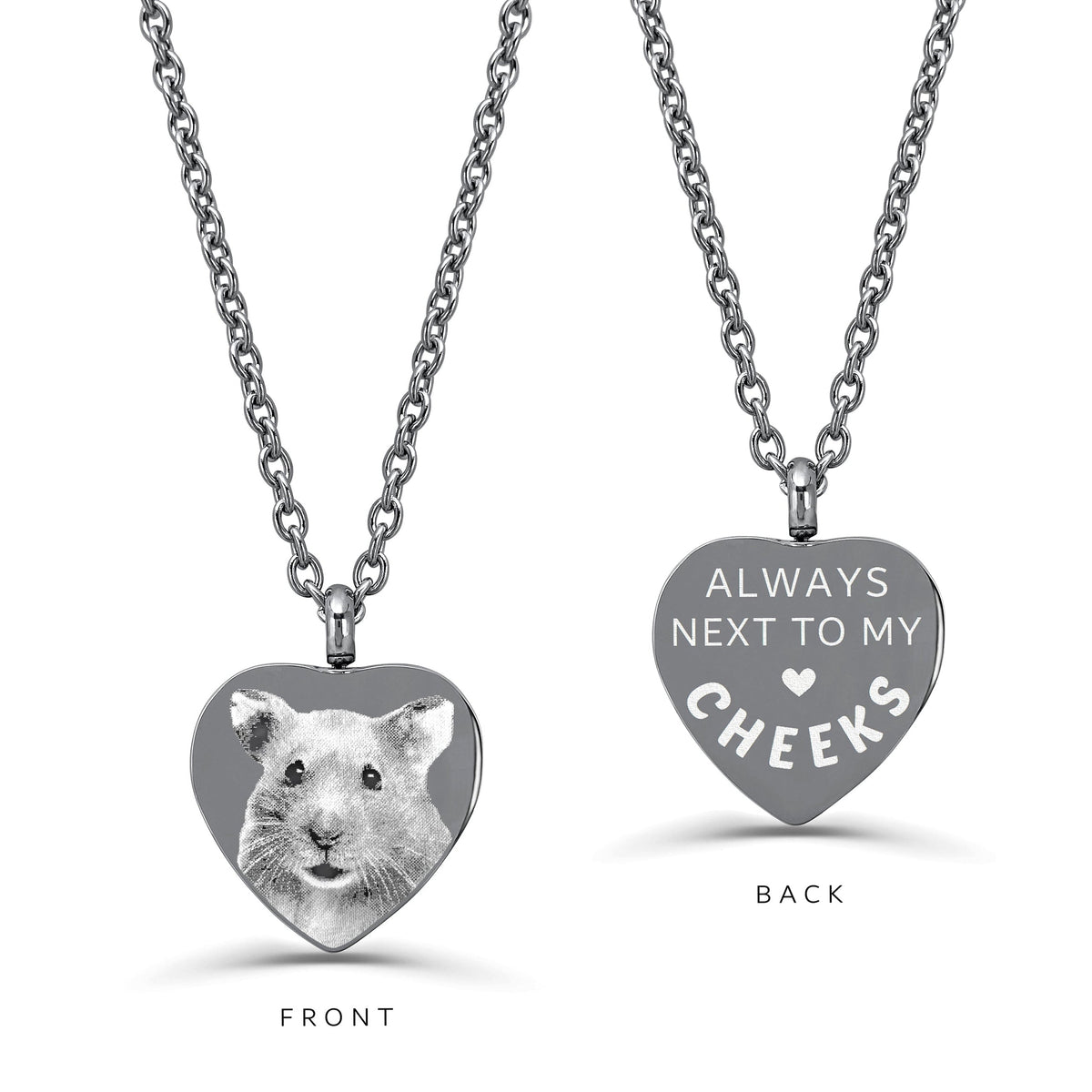 Custom guinea pig portrait engraved on the front of a heart-shaped memorial urn necklace with personalized message on the back