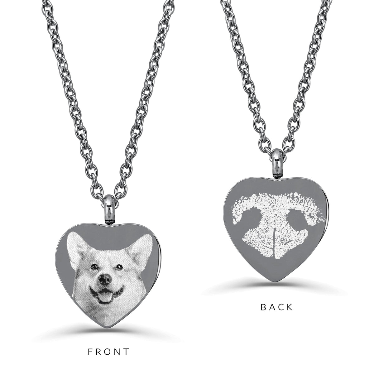 A heart-shaped stainless-steel urn pendant necklace on chains, showcasing FRONT and BACK engraving. The front pendant shows a grayscale photo of a dog, while the back pendant shows an actual nose print design.