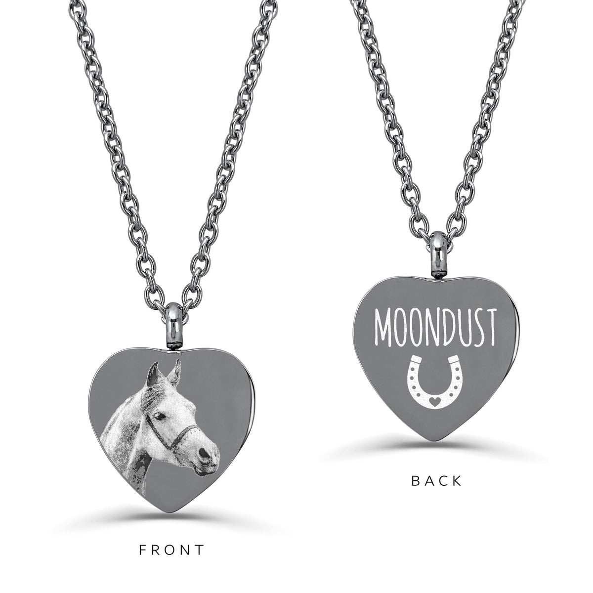 A silver heart-shaped urn pendant necklace on chain, displaying FRONT and BACK engraving. The front pendant shows a personalized horse portrait, and the back pendant displays a custom name above a horseshoe design.
