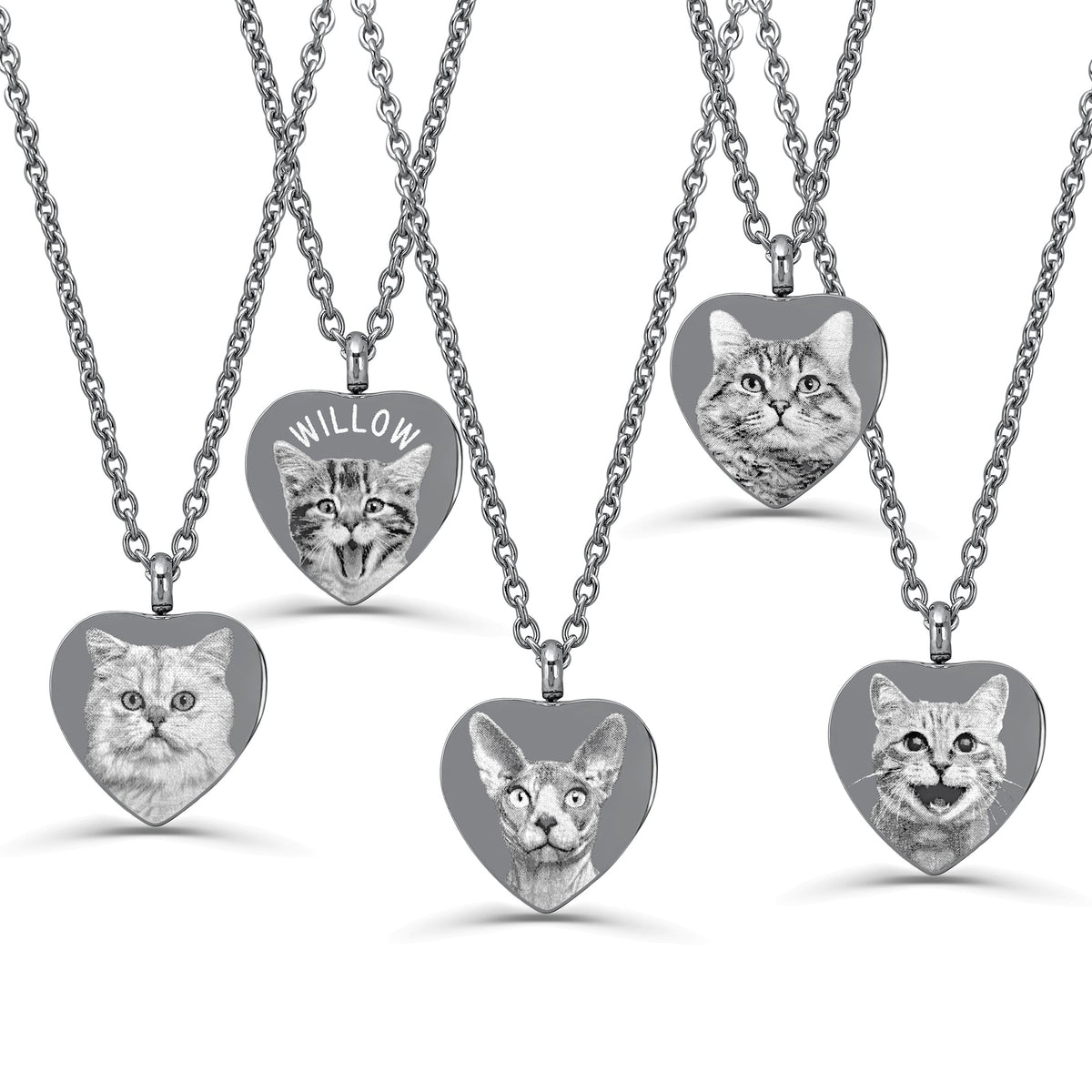 Five custom cat portraits engraved on heart-shaped stainless steel memorial urn necklaces