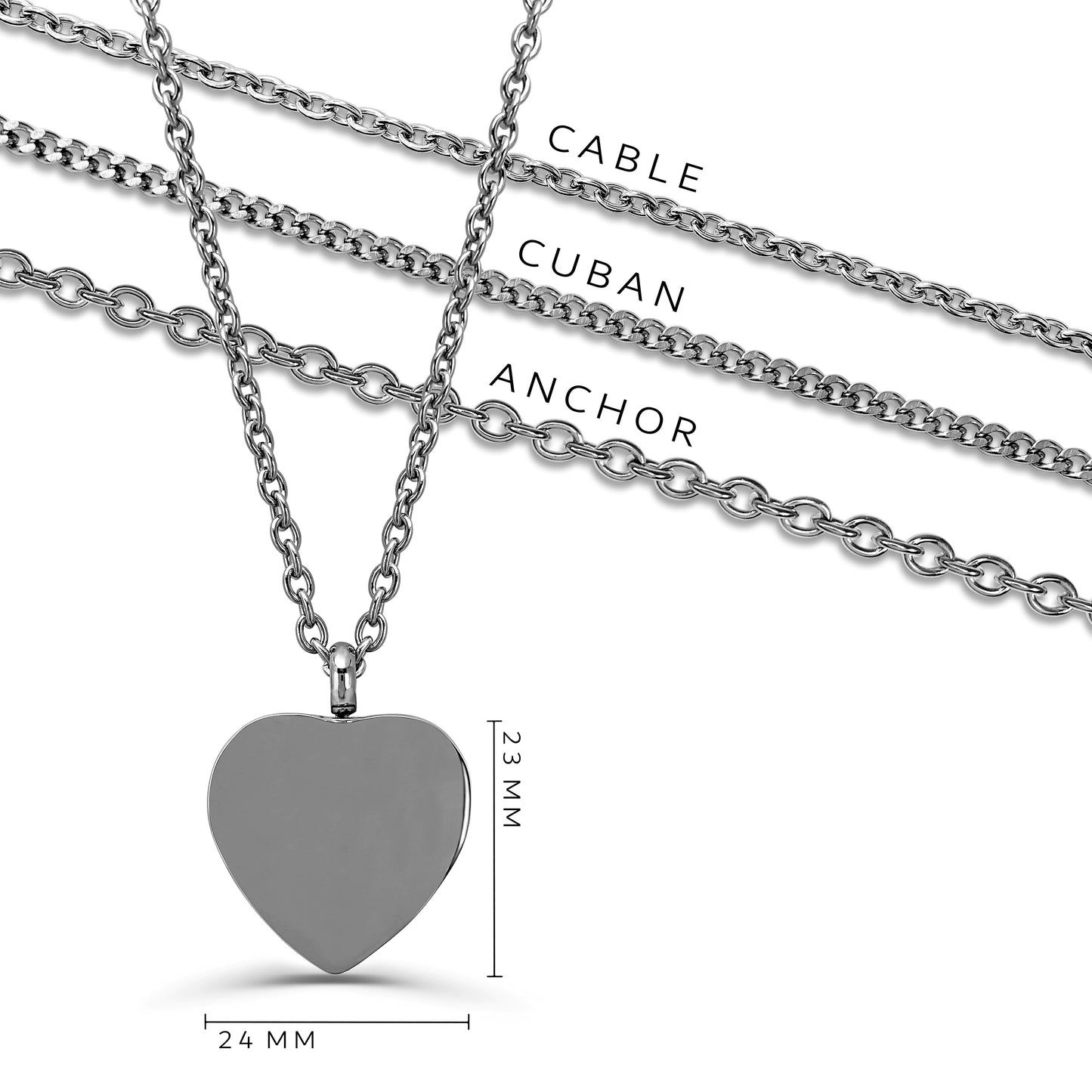 Chain options for a personalized heart urn cremation necklace 
