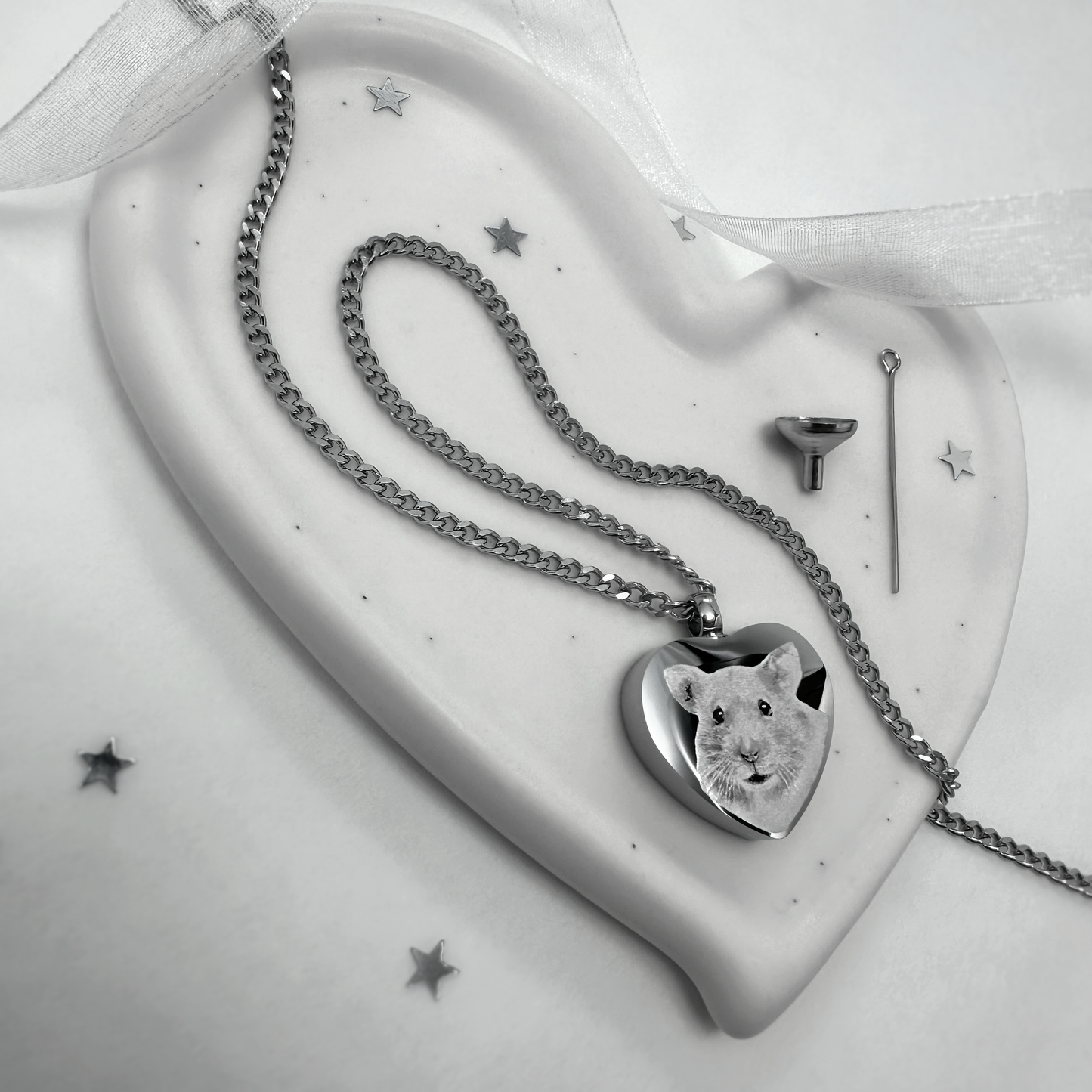 Personalized heart-shaped cat cremation urn necklace engraved from a pet photo, shown with a silver chain and included fill tools.