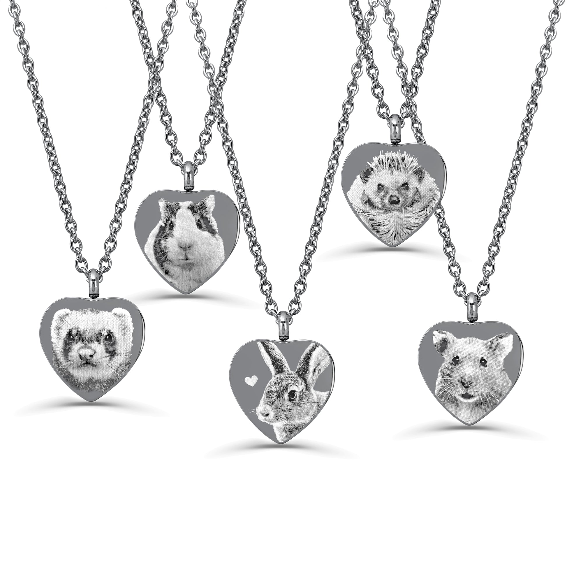 Personalized picture urn necklaces showing custom pet portraits and memorial engraving variations of hamster, guinea pig, rabbit, bunny, hedgehog, marmot, weasel.