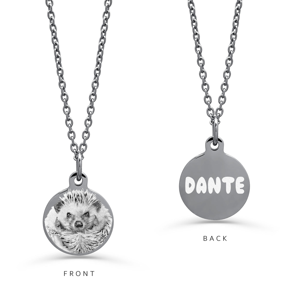 Personalized silver necklace with a round engraved disc pendant on a white background. The left side shows a personalized pet hedgehog portrait, and the right side shows the back with the custom engraved pet name.
