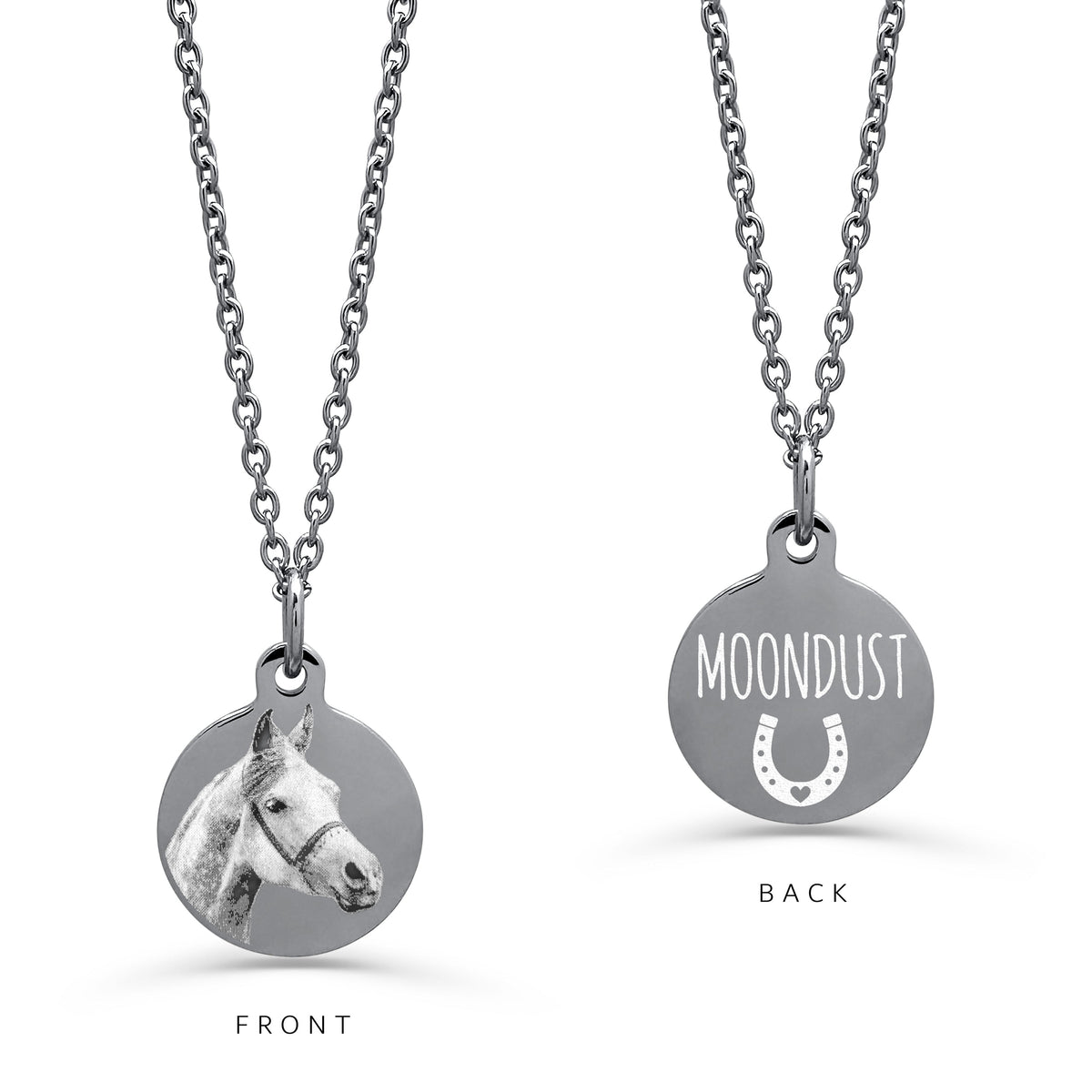 A silver necklace with a round engraved disc pendant on a white background. The left side shows a front of the necklace with personalized horse portrait, and the right side shows the back with the custom engraved name and horseshoe design.