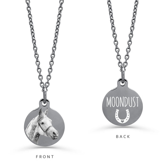 A silver necklace with a round engraved disc pendant on a white background. The left side shows a front of the necklace with personalized horse portrait, and the right side shows the back with the custom engraved name and horseshoe design.