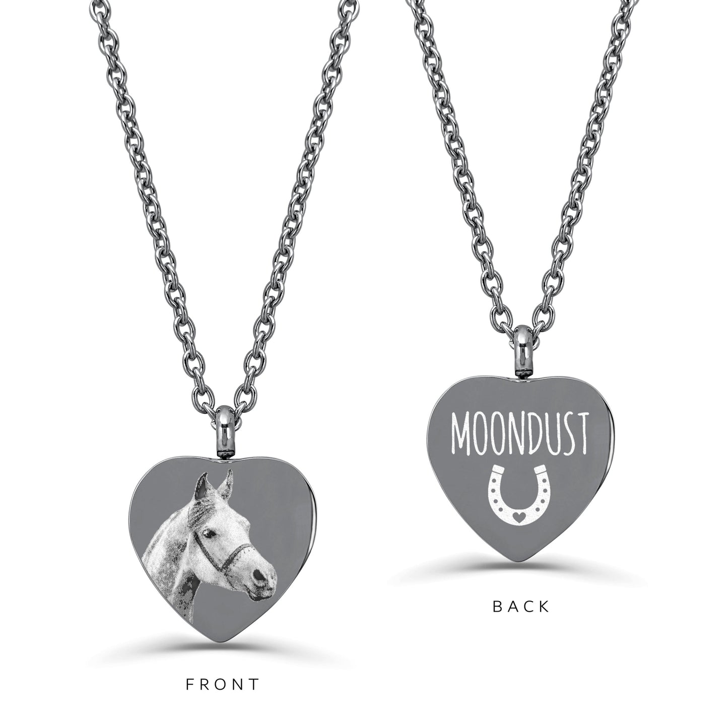 Personalized horse memorial urn necklace showing a custom horse portrait on the front and the name Moondust with a horseshoe on the back.