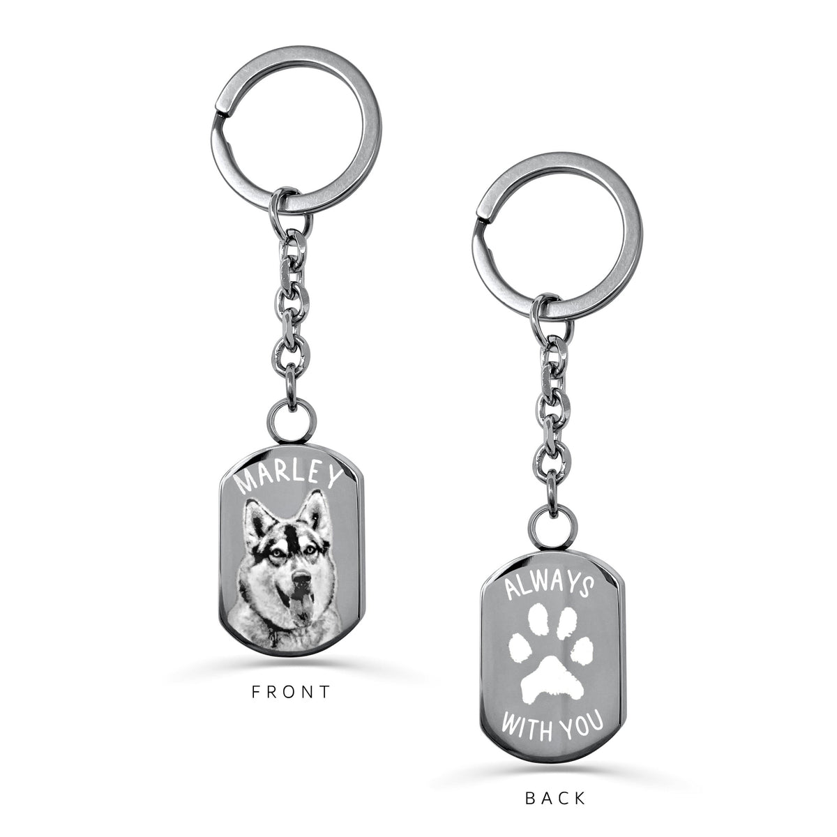 Personalized dog tag urn keychain with custom pet photo engraving on the front and an actual paw print memorial design on the back