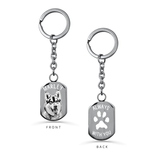 Personalized dog tag urn keychain with custom pet photo engraving on the front and an actual paw print memorial design on the back