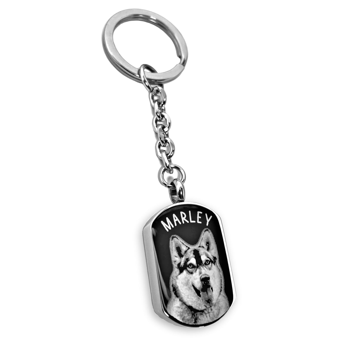 Custom pet photo dog tag urn keychain with engraved dog portrait
