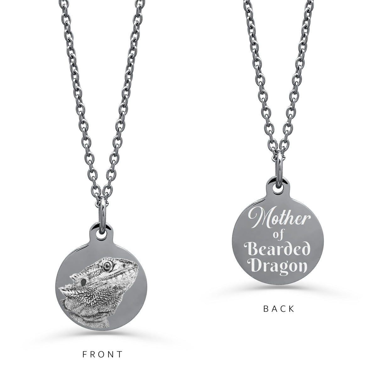 A silver round personalized pendant necklace on a white background. The left 'FRONT' view shows an engraved custom bearded dragon portrait, and the right 'BACK' view shows personalized text 'Mother of Bearded Dragon'.