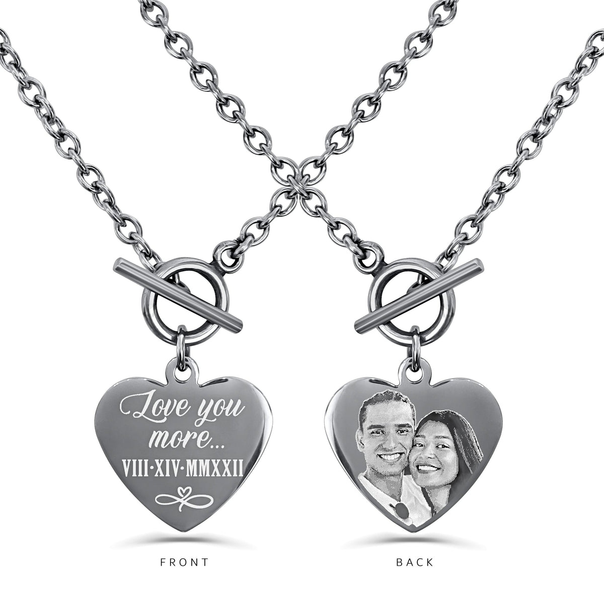 A heart pendant necklace shown on a white background, displaying the custom engraving on front and back. The front side has a personalized message and a date, engraved in Roman numerals, and the back side has a custom photo.