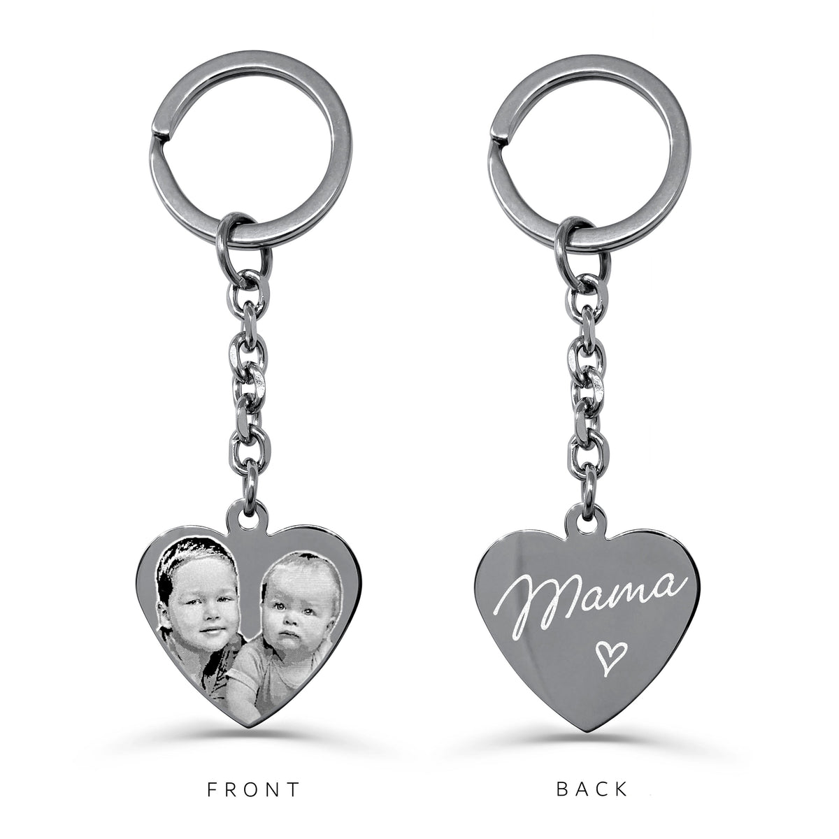 Mama photo heart keychain with children portrait on the front and custom handwriting or message on the back