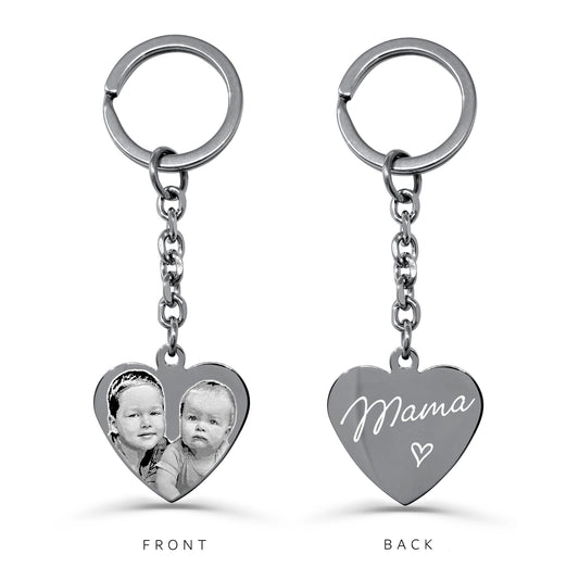 Mama photo heart keychain with children portrait on the front and custom handwriting or message on the back