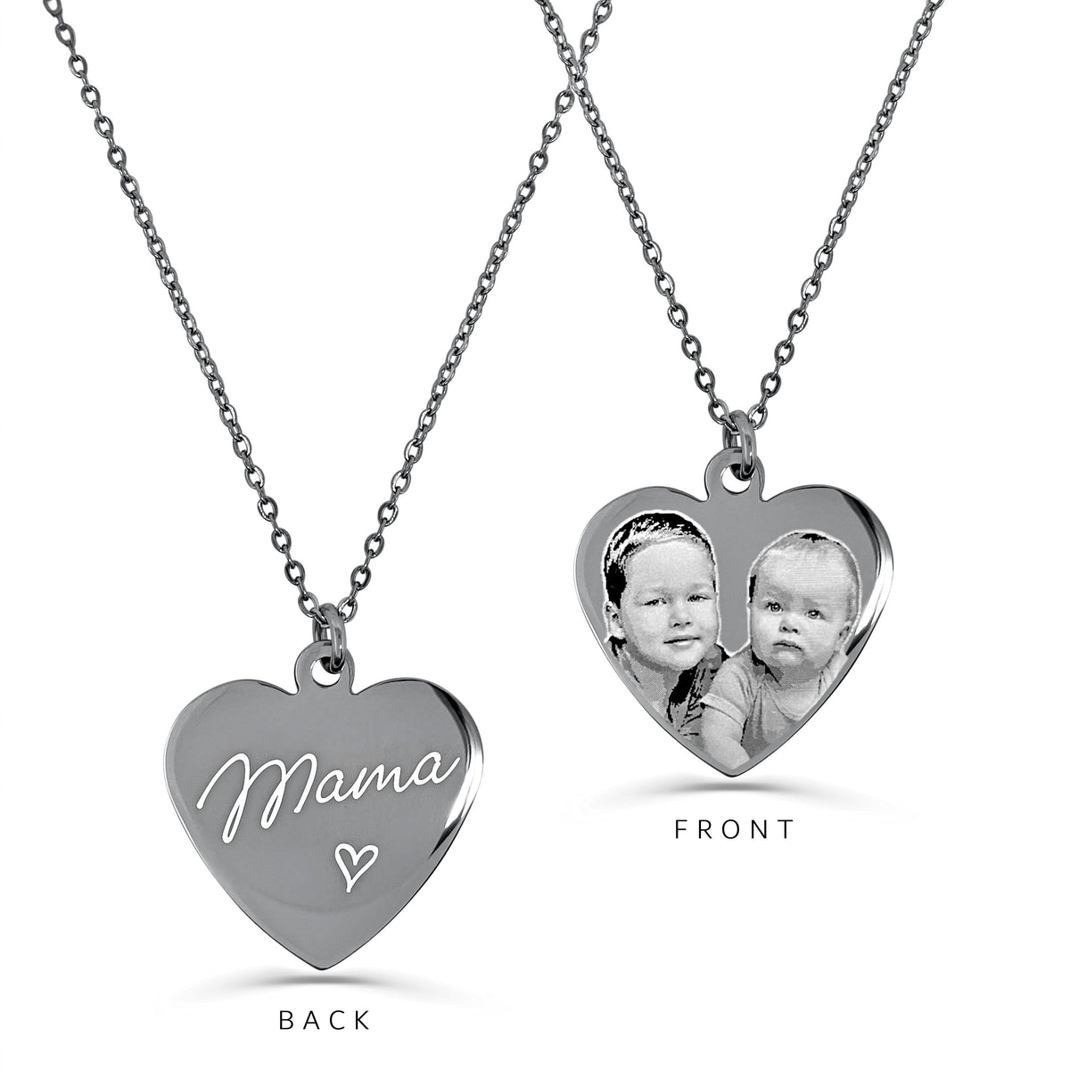 Personalized Mama heart necklace with custom children photo engraving on the front and Mama message on the back