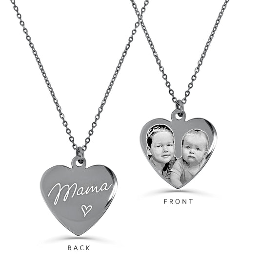 Personalized Mama heart necklace with custom children photo engraving on the front and Mama message on the back