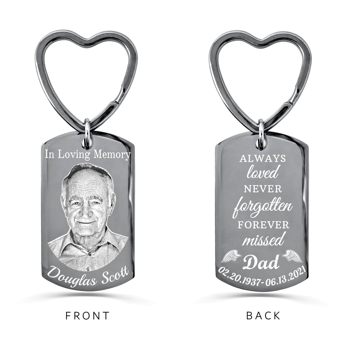 Personalized Dad memorial dog tag keychain with heart-shaped keyring, custom photo on the front and remembrance message on the back