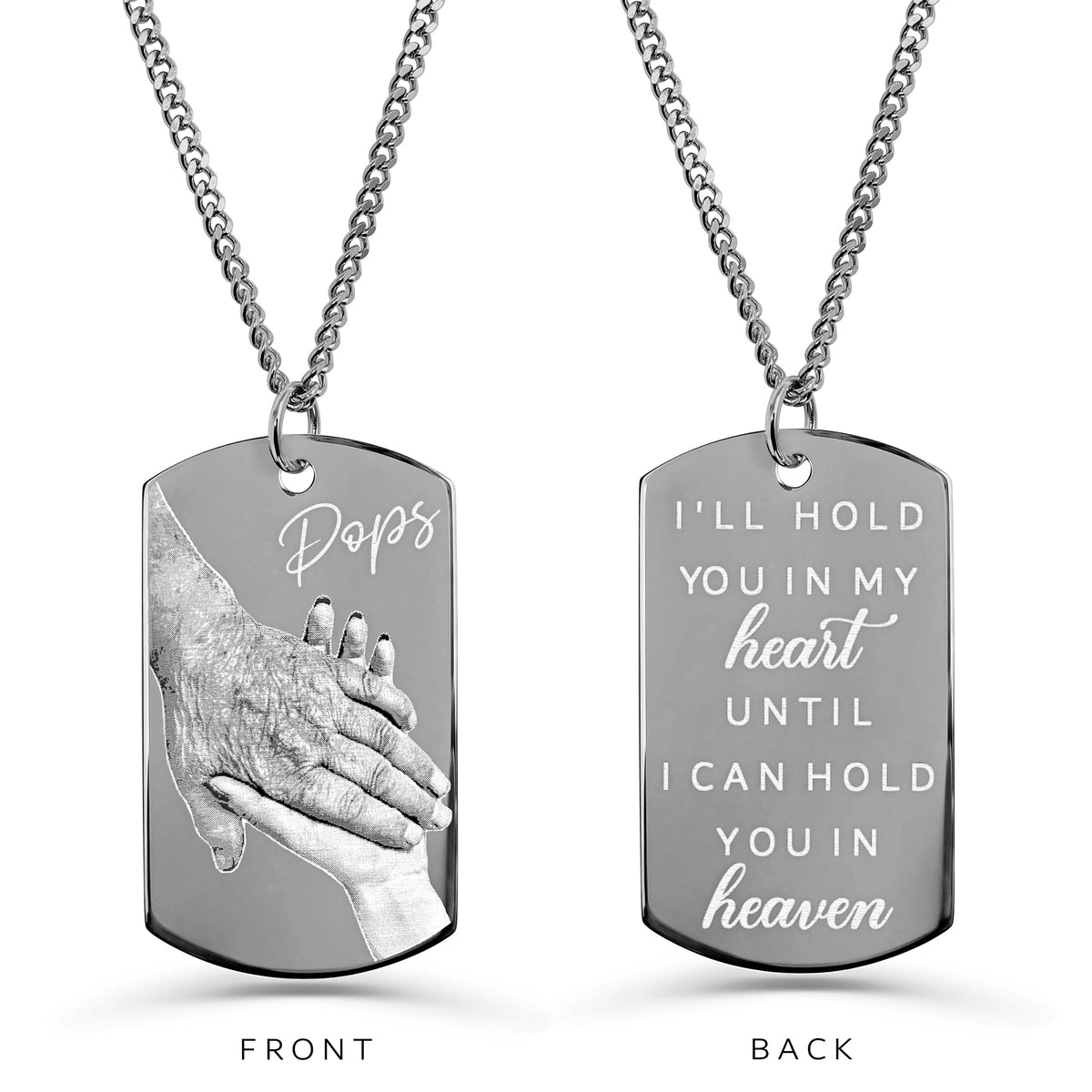 Personalized Pops memorial dog tag necklace with custom handprint and “I’ll hold you in my heart until I can hold you in heaven” engraving