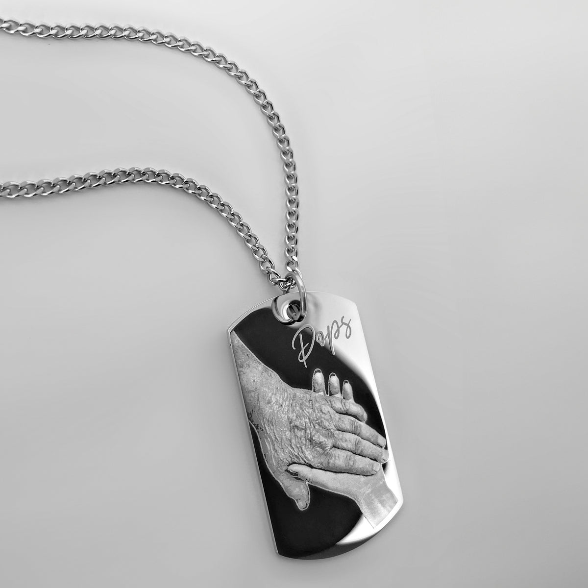 Custom handprint and holding hands memorial dog tag necklace with personalized Pops engraving