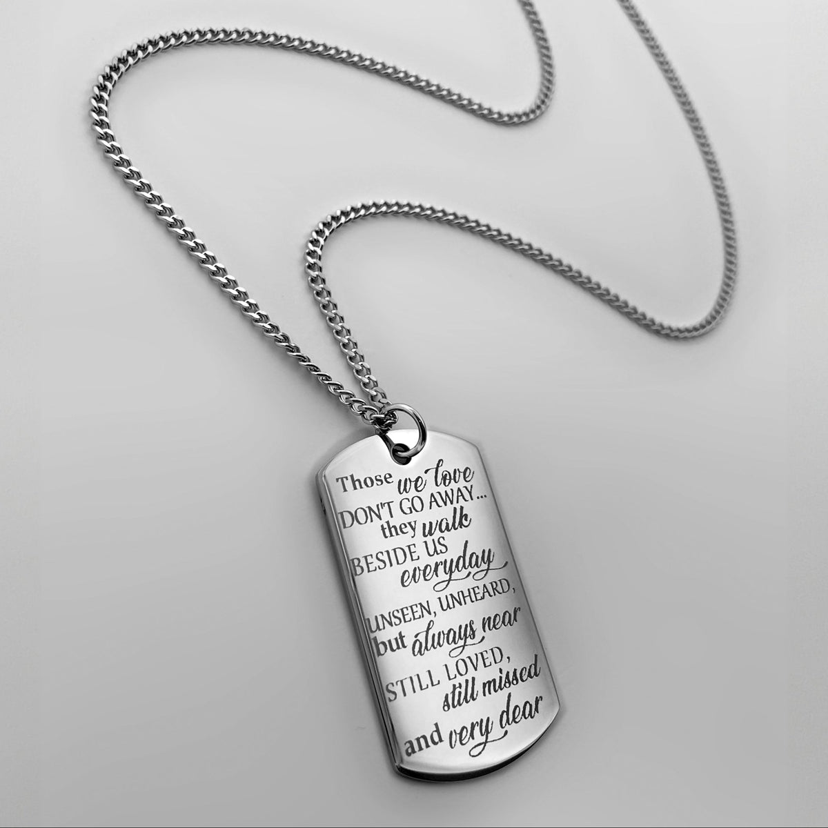 Memorial dog tag necklace engraved with “Always on my mind, forever in my heart” remembrance message