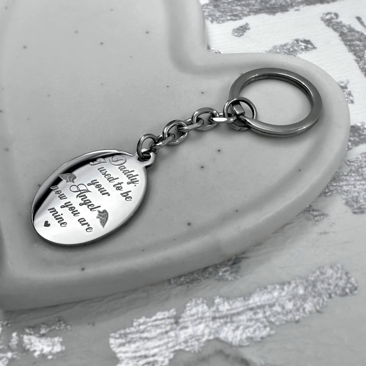 Personalized memorial oval Dad keychain with custom remembrance message "I used to be your Angel, now you're mine" engraved on the back