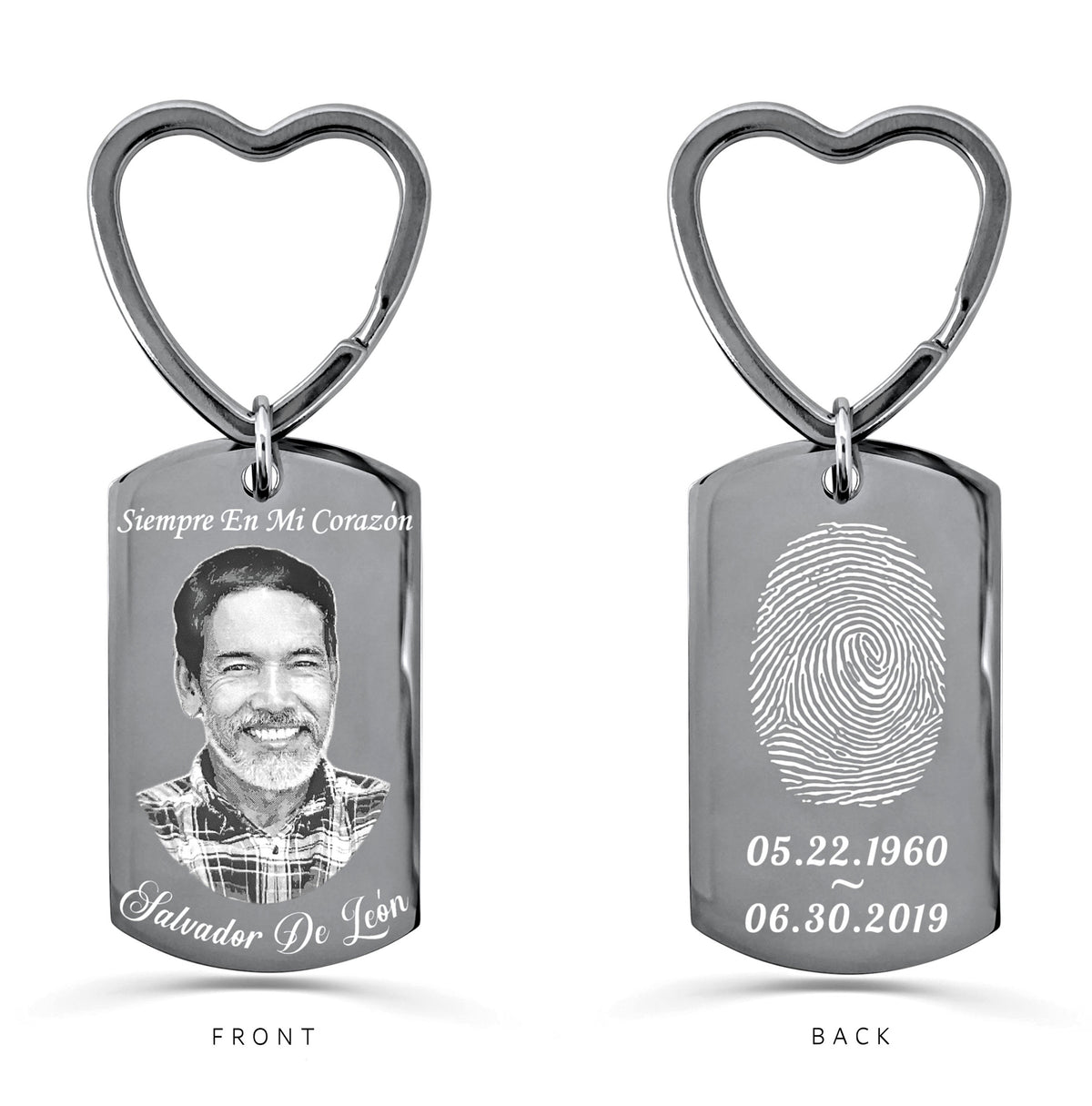 Personalized memorial photo and fingerprint dog tag keychain with heart-shaped keyring showing custom portrait on the front and fingerprint on the back
