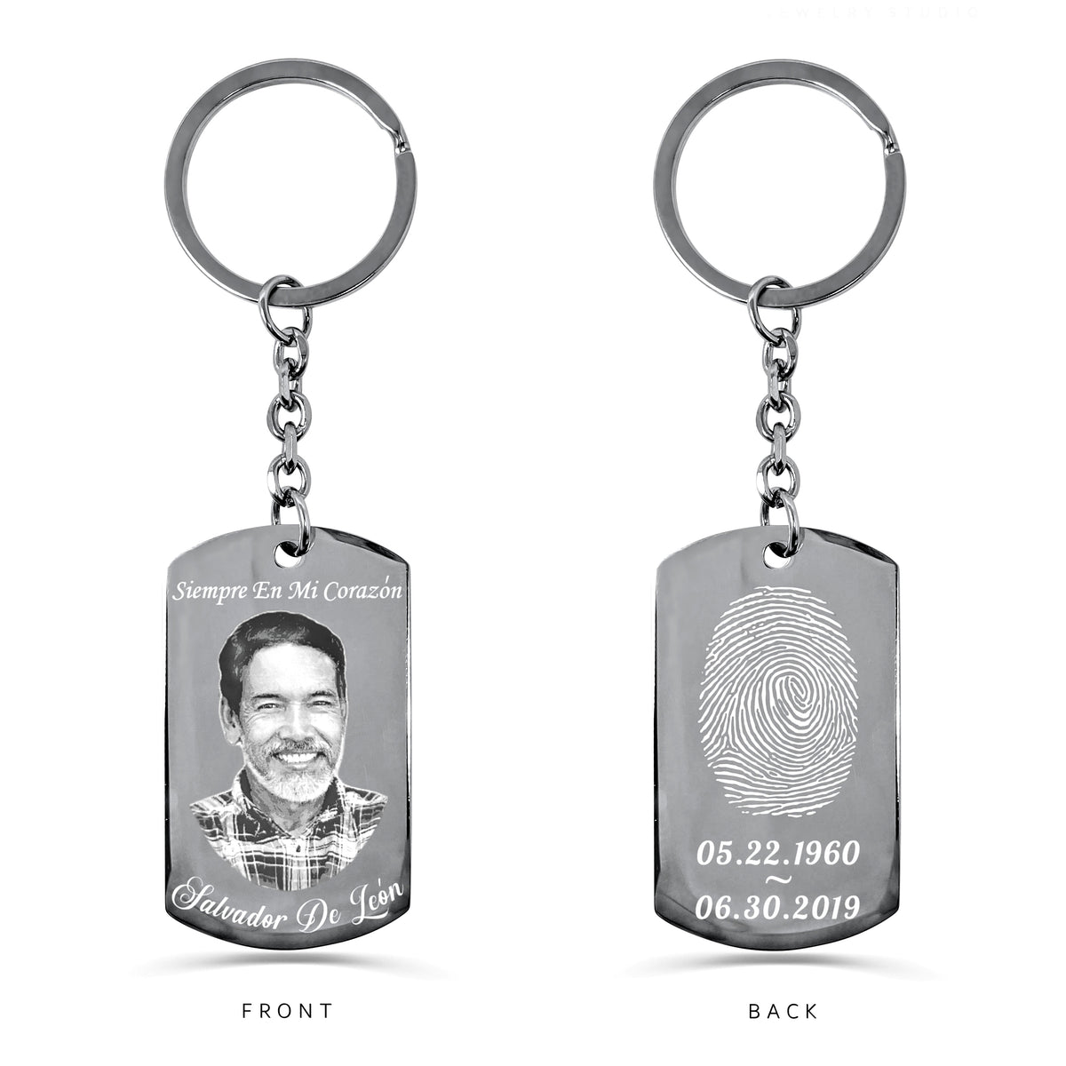 Personalized photo and fingerprint memorial dog tag keychain with round keyring showing custom portrait, fingerprint, and memorial dates