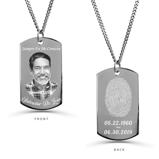 Custom photo and fingerprint memorial dog tag necklace with portrait, fingerprint, and personalized dates