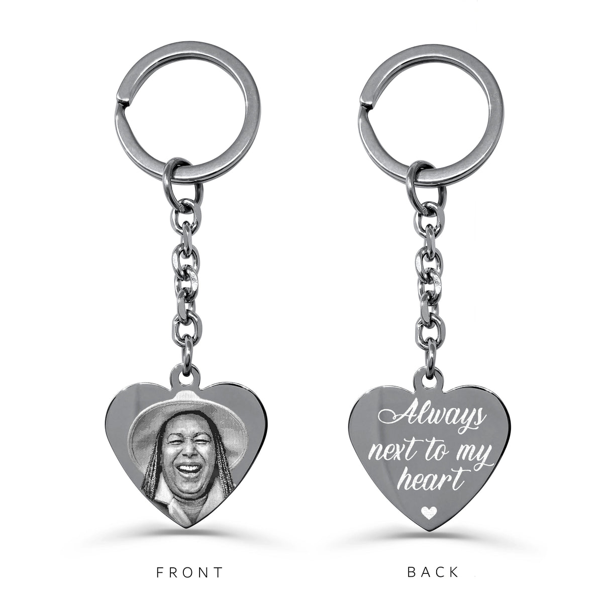 Custom photo memorial heart keychain with portrait engraving on the front and “Always next to my heart” on the back