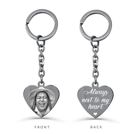 Custom photo memorial heart keychain with portrait engraving on the front and “Always next to my heart” on the back
