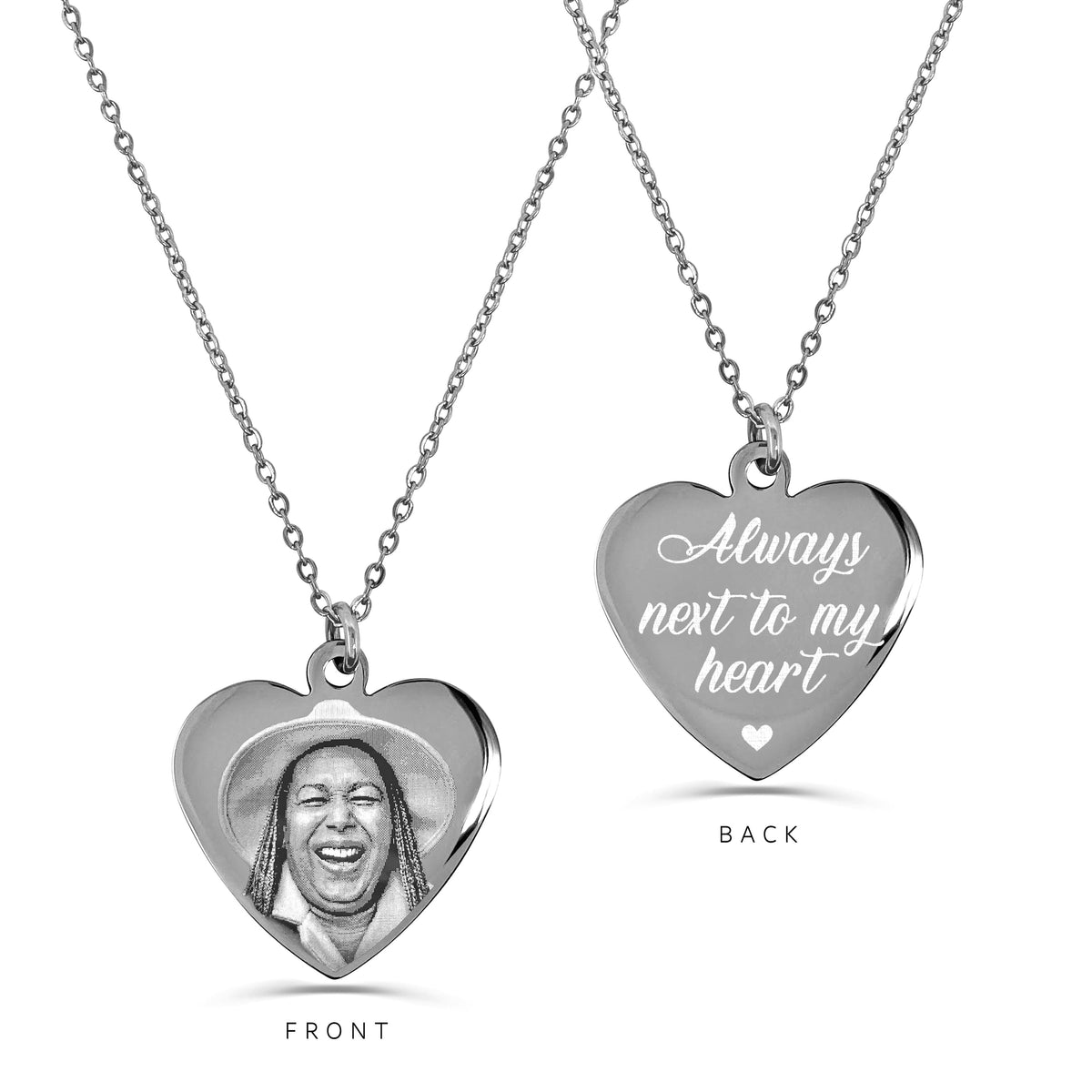 Personalized memorial heart necklace with custom photo engraving on the front and “Always next to my heart” message on the back