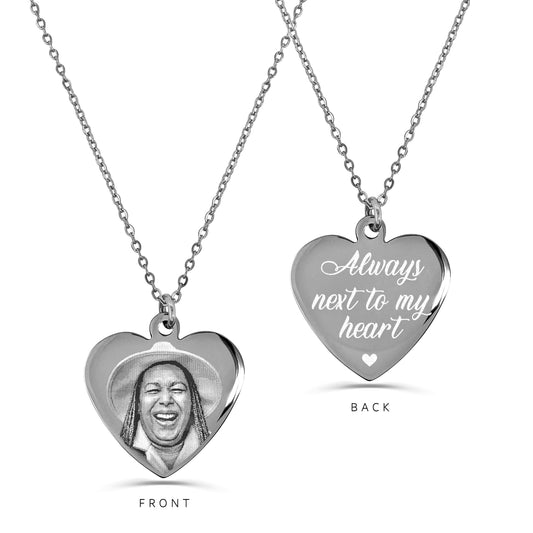 Personalized memorial heart necklace with custom photo engraving on the front and “Always next to my heart” message on the back