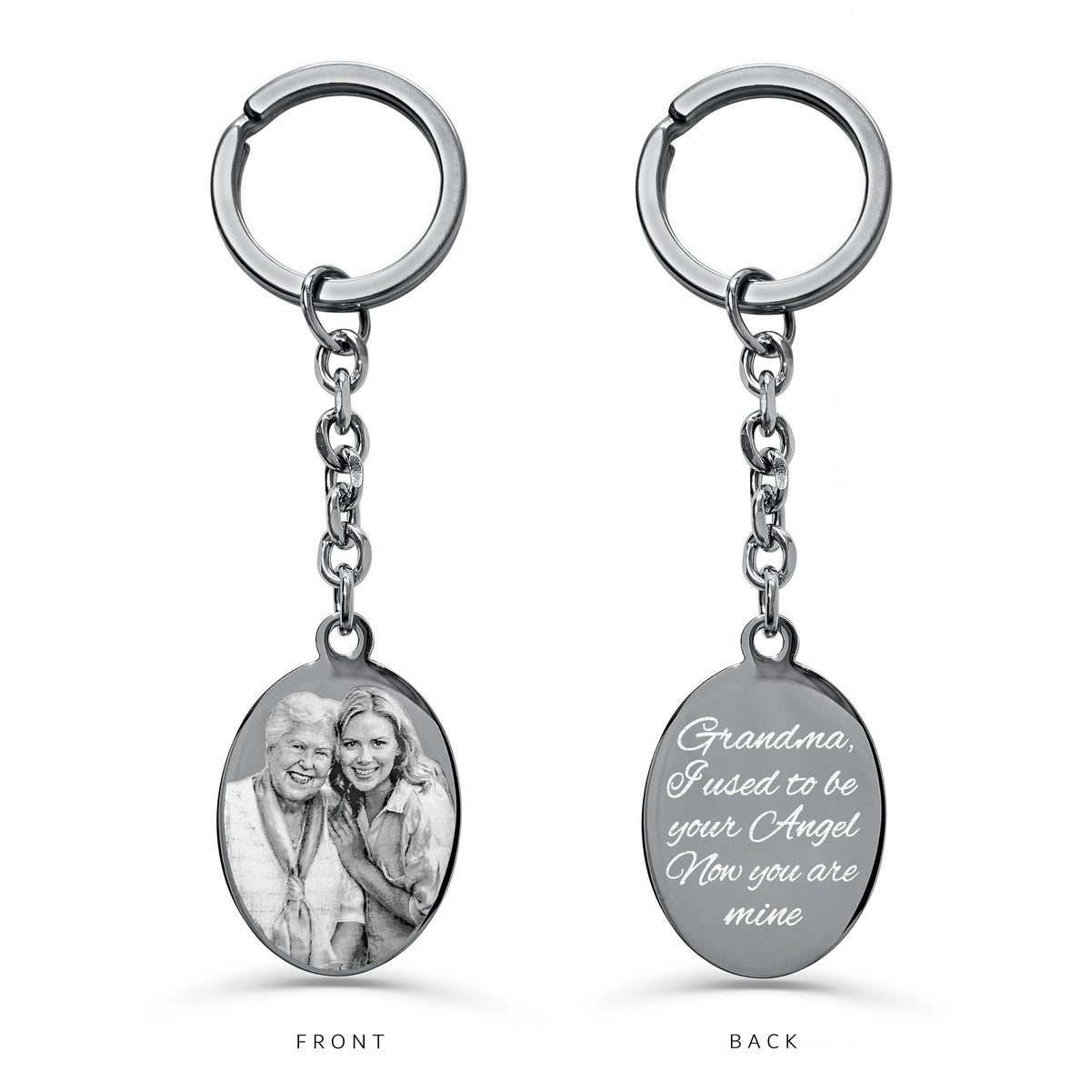 Custom grandma memorial oval keychain engraved with “I used to be your angel, now you’re mine” on the back