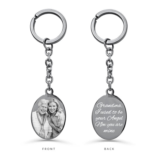 Custom grandma memorial oval keychain engraved with “I used to be your angel, now you’re mine” on the back