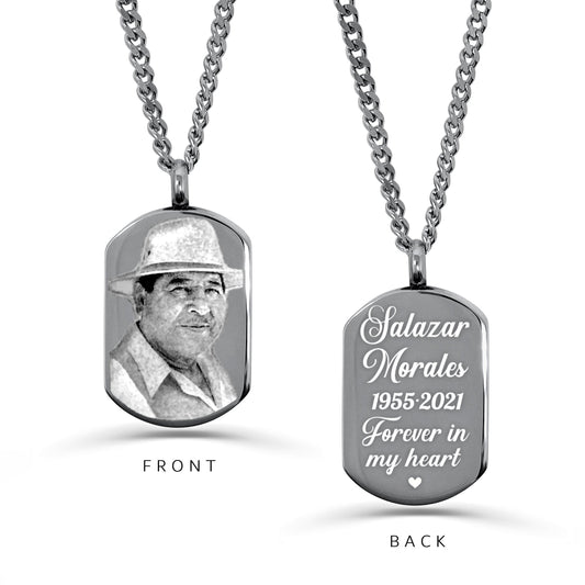 Personalized small dog tag urn necklace with custom photo engraving on the front and memorial message and dates on the back