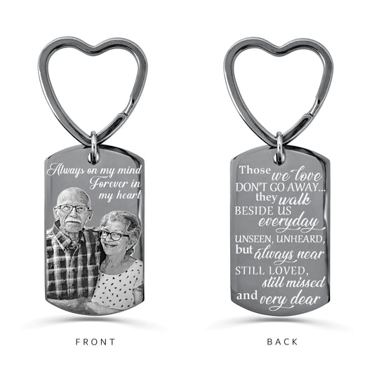 Personalized long-distance dog tag keychain with round keyring, custom couple photo, mileage, and “Distance means nothing when someone means everything” message
