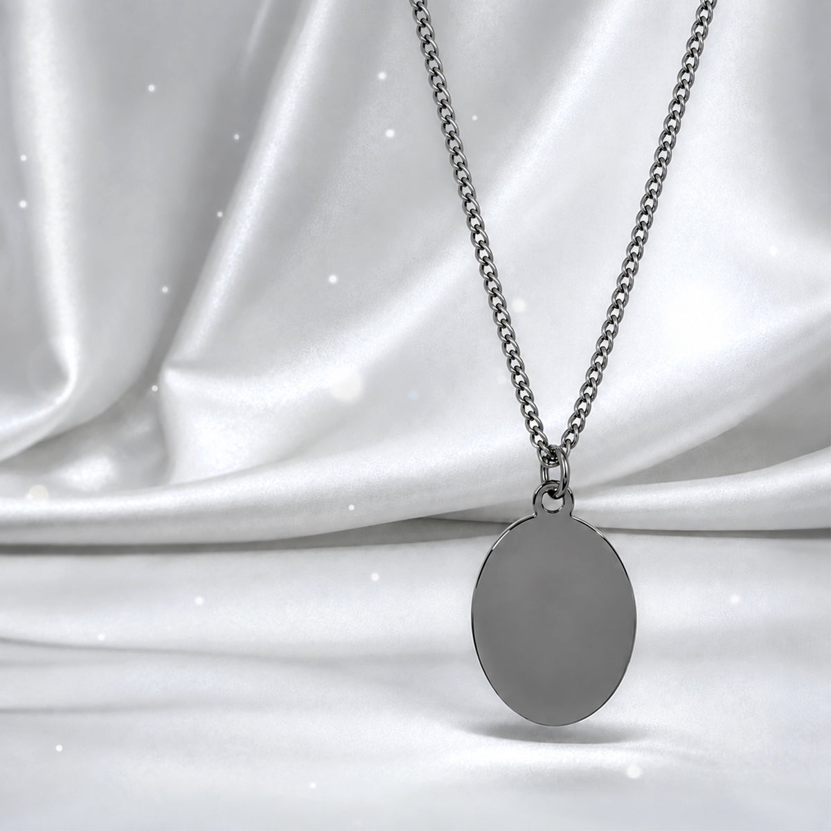 Blank polished men's silver oval necklace with Cuban chain, ready for custom photo, fingerprint, handwriting, or message engraving