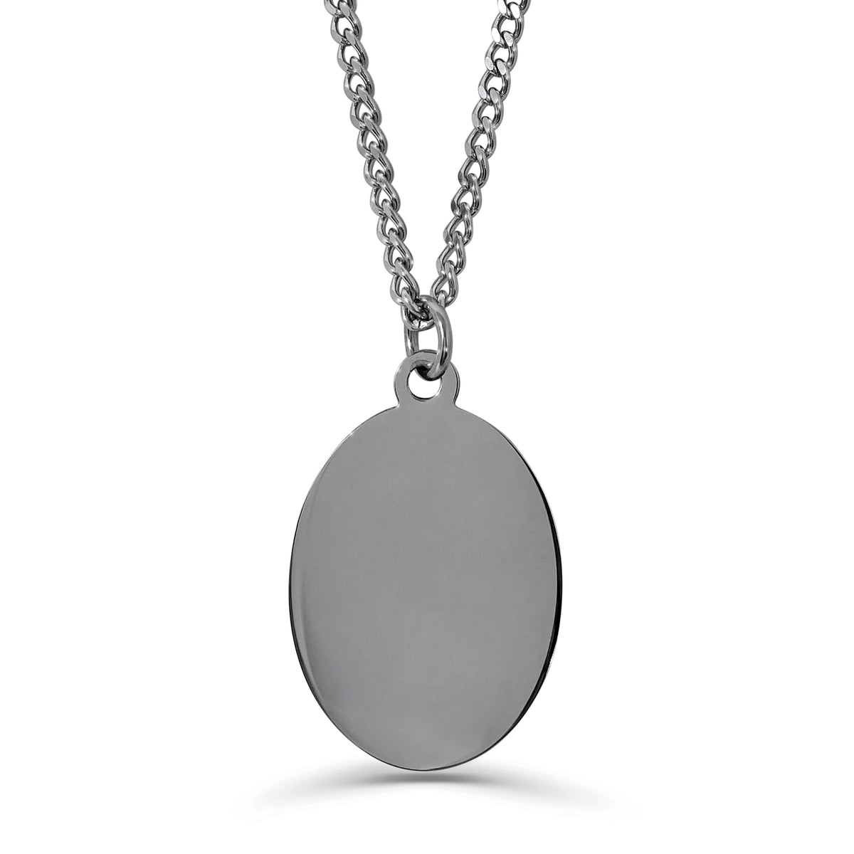 Blank polished men's silver oval necklace, ready for custom photo, fingerprint, handwriting, or message engraving