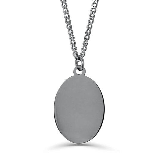 Blank polished men's silver oval necklace, ready for custom photo, fingerprint, handwriting, or message engraving