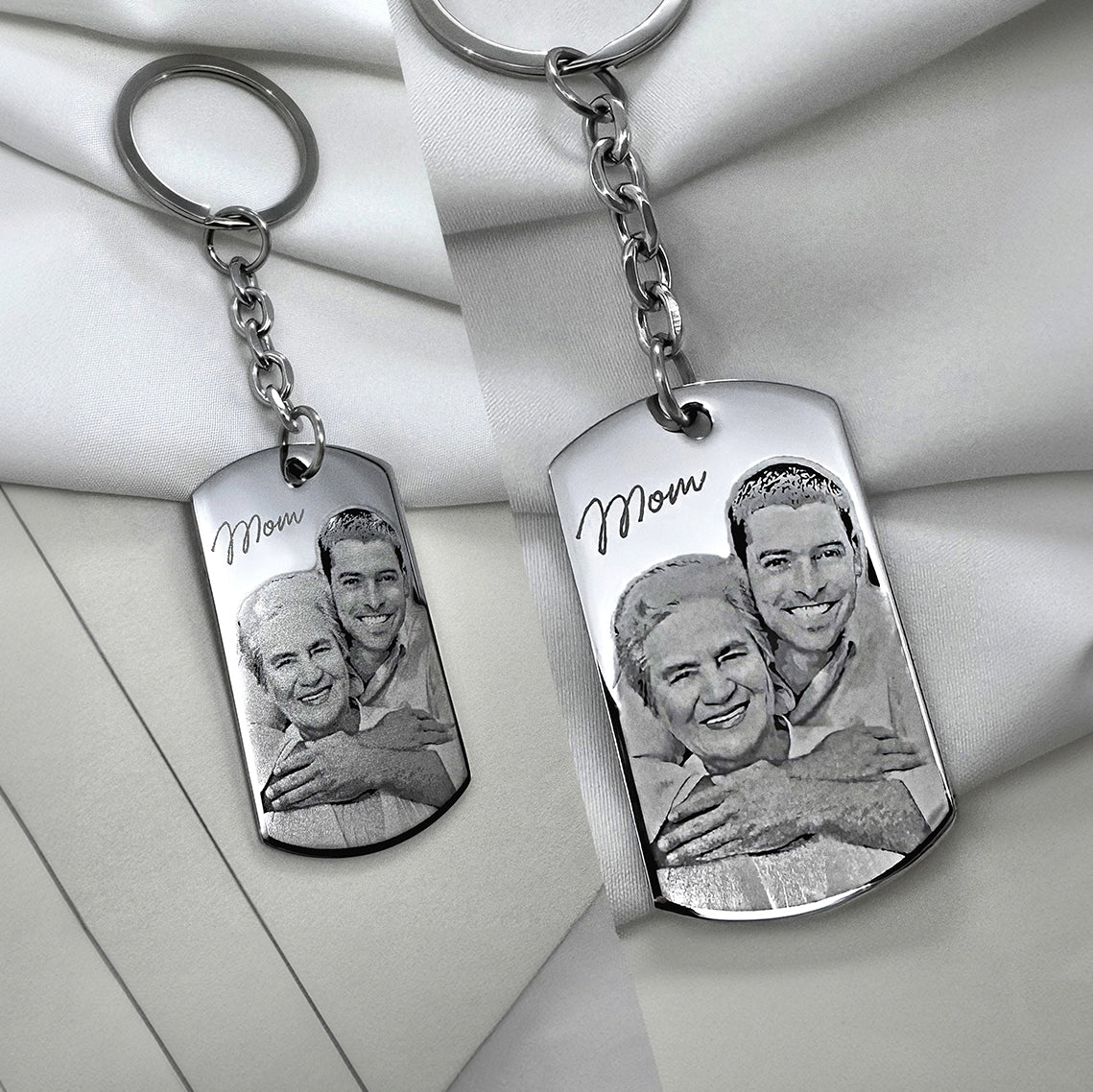 Custom Mom photo dog tag keychain showing personalized mother and son portrait engraving in a styled display