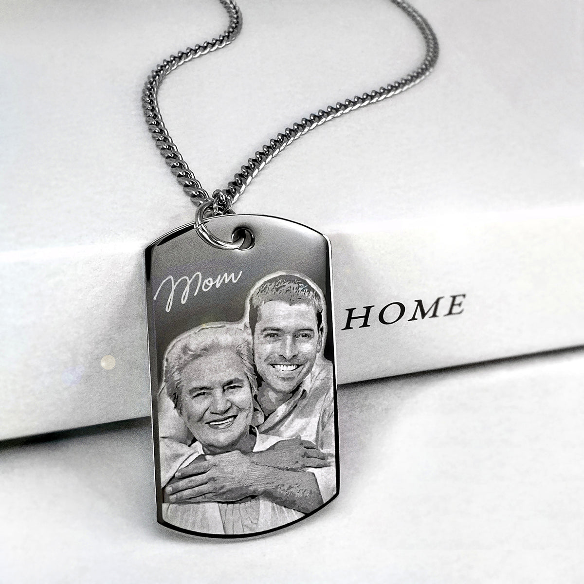 Personalized Mom memorial dog tag necklace with custom mother and son photo engraving