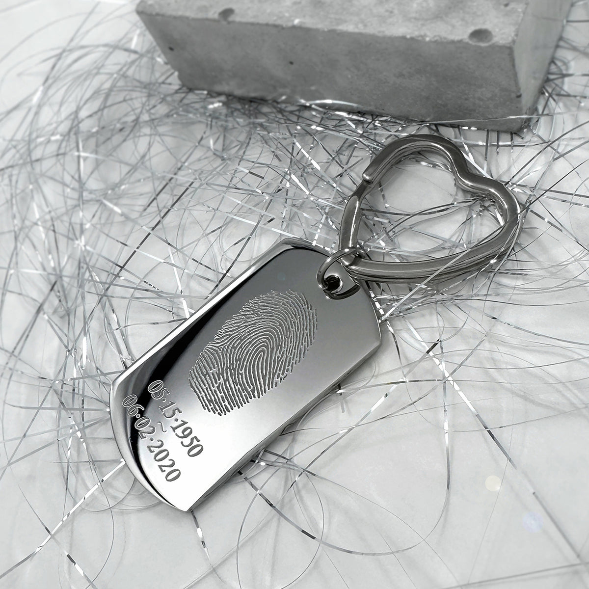 Personalized fingerprint memorial dog tag keychain with heart-shaped keyring, custom fingerprint, and memorial dates