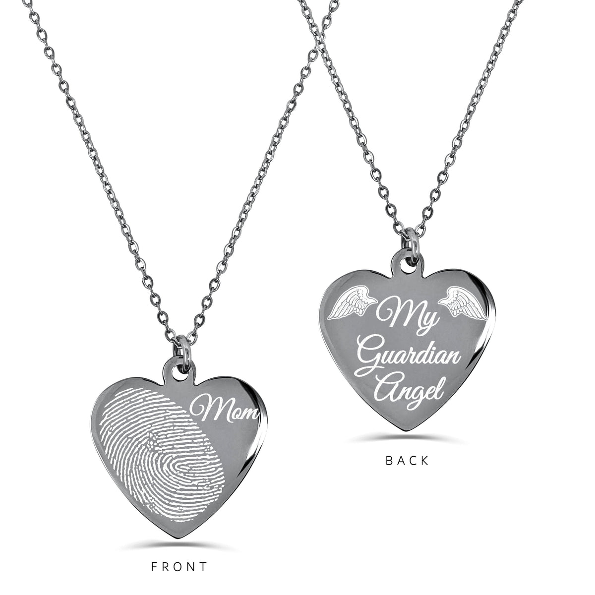 Personalized memorial heart necklace with partial fingerprint and custom word engraving on the front and “My Guardian Angel” on the back