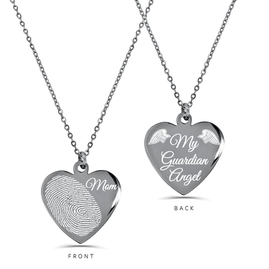 Personalized memorial heart necklace with partial fingerprint and custom word engraving on the front and “My Guardian Angel” on the back