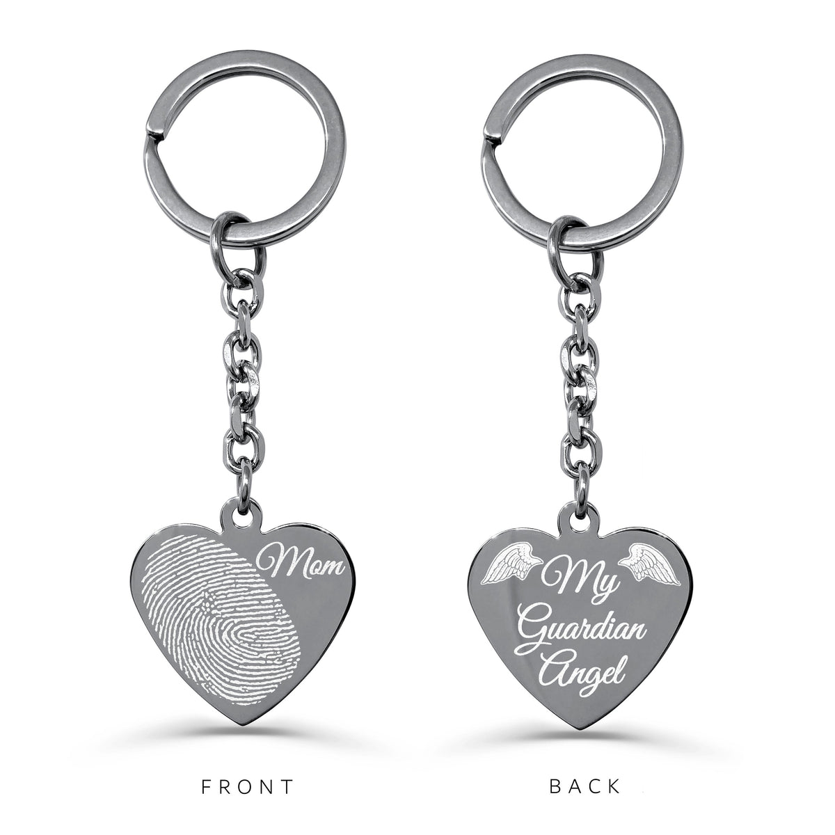 Personalized fingerprint memorial heart keychain for Mom with custom“My Guardian Angel” engraving on the back